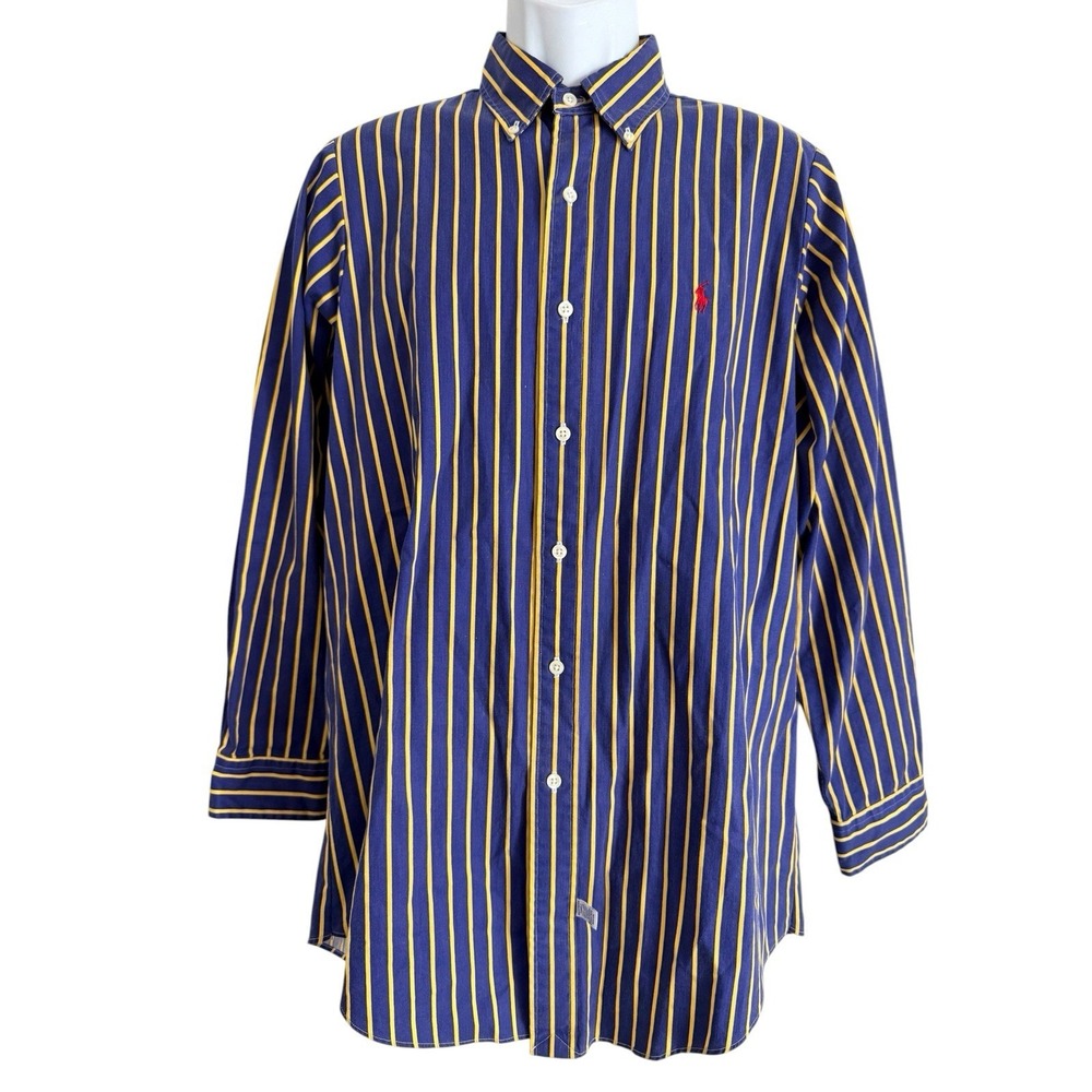 Ralph Lauren Men Shirt L Oxford Shirt Blue Yellow Striped Button Red Pony - Picture 3 of 8